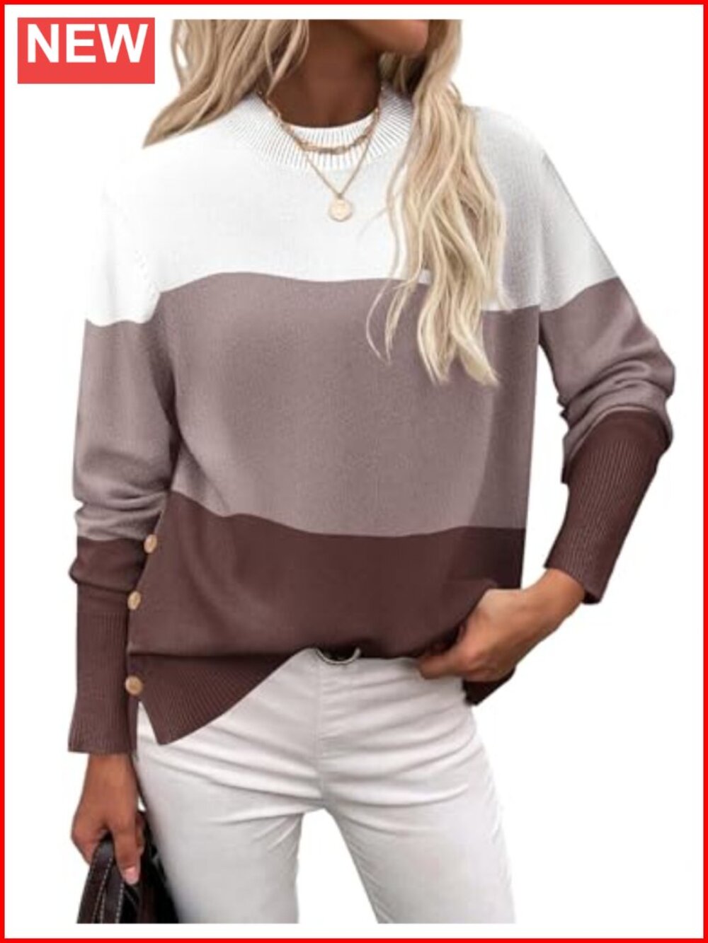 Zeagoo Womens Side Button Knit Sweater Crew Neck Loose Fit Tunic Pullover